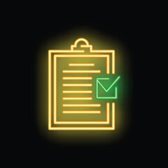 Bright neon sign showing a clipboard with a checklist and a green checkmark indicating completion