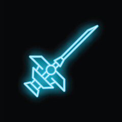 Blue neon icon of a satellite dish receiving signal from space on a black background