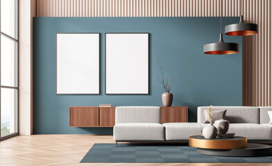 Contemporary living room with two vertical blank poster frames on a blue wall, minimalist decor and elegant furniture for creative presentation layout. 3D Rendering