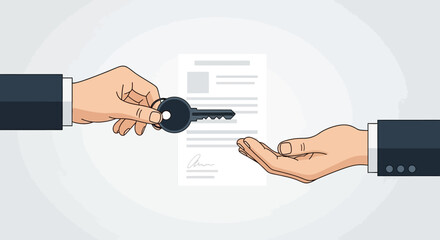 Illustration of a property exchange with a key and signed document concept