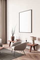Minimalist interior with blank framed canvas on light wall, soft furnishings, wooden furniture, and neutral decor. 3D Rendering of home design concept