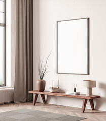 Modern interior design with blank framed poster on soft beige wall, wooden bench with decor, and natural light from window, concept of clean branding. 3D Rendering