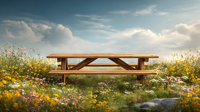Picturesque wooden picnic table nestled amid wildflowers under a serene blue sky inviting outdoor gatherings and peaceful moments in nature on summer day offering relaxation