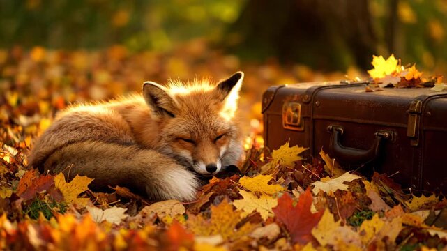 Fox Sleeps Near Suitcase in Autumn Leaves During the Day - Powered by Adobe