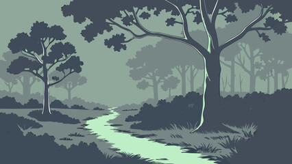 Stylized illustration of a tranquil forest scene with a stream.