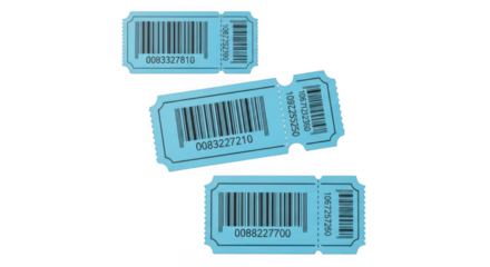 Assorted blue barcode and qr code tickets isolated on transparent background
