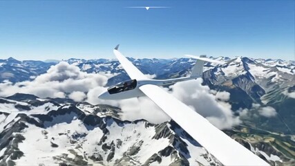 A white glider soars gracefully over majestic snow-capped mountains under a clear blue sky with scattered clouds, showcasing a breathtaking aerial view. - Powered by Adobe