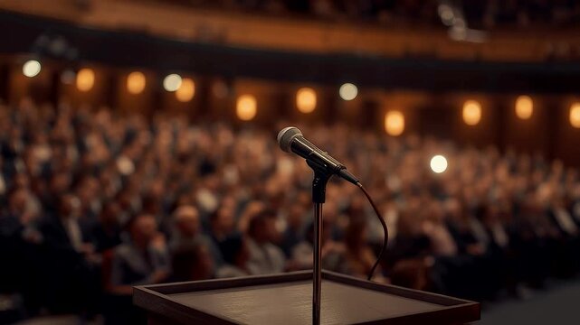 Microphone Podium Stage Crowd Audience Event Speech Public Speaking Warm Lights Indoor Gathering Scene