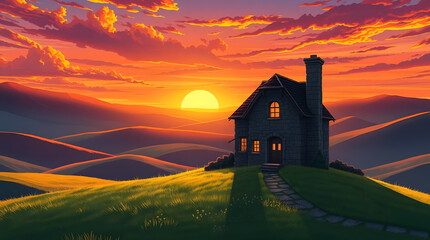 A picturesque illustration of a charming stone cottage nestled on a green hill against a backdrop of a vibrant sunset with rolling hills.