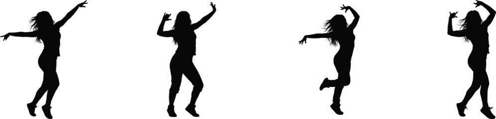 Joyful silhouette of a young woman dancing in four energetic poses isolated on capturing movement and freedom vector
