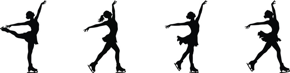 Four silhouettes of a female figure skater performing various graceful poses and jumps on ice vector