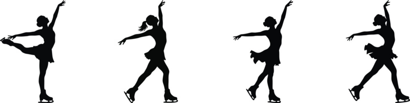 Four silhouettes of a female figure skater performing various graceful poses and jumps on ice vector