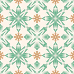 Vector seamless pattern with geometric snowflakes. Christmas holiday background texture with winter floral ornament, luxury design. Green and gold elegant repeated wallpaper for textile, decor