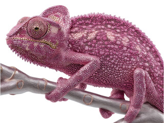 Vibrant Pink Chameleon Perched on Branch Against White Background in High Detail Shot