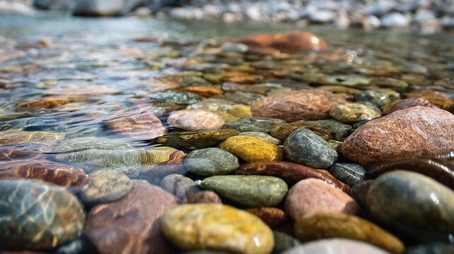 shallow. Smooth water-worn pebbles on a shallow stream bed with clear water flowing over them. travel magazines, destination branding, designed for travel destination branding.