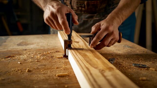Carpenter Hands Planing Wood Board Workshop Tools Craftsmanship Lumber Workbench Skill Precision Timber Scene