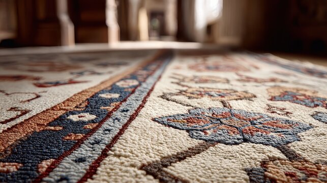 Close-up shows ornate wool rug with an intricate floral and geometric pattern. Use for design, warmth, or cultural heritage concepts and home decor.
