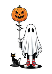 Cute ghost holding a pumpkin balloon with a black cat and bats for halloween