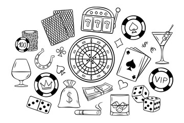 a Big casino set, cards, poker chips, dice, Russian roulette, slot machines, simple vector black and white icons, doodle and sketch style