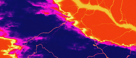 Vibrant electric abstract art in neon red, pink, blue, and yellow with lightning energy texture