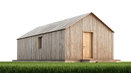 Fototapeta premium Minimalist wooden house with sloped roof and vertical paneling stands on a green field,