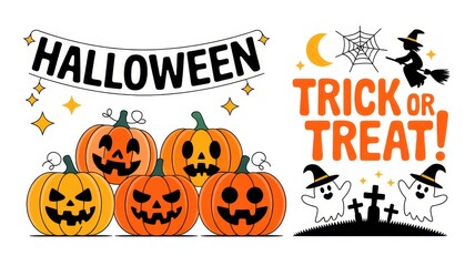 Obraz premium Halloween Celebration: An animated, evocative illustration of Halloween, featuring spooky pumpkins, whimsical ghosts, and a witch, perfect for capturing the spirit of the holiday season.