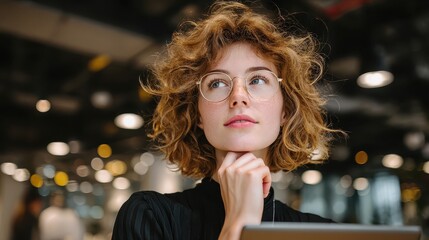 Thoughtful woman with glasses looks up, hand on chin, dreamy. Perfect for blog posts about innovation, business, and creativity.