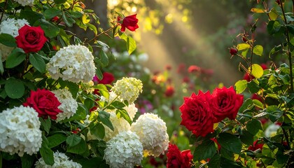 Vibrant roses and hydrangeas in a sunlit garden