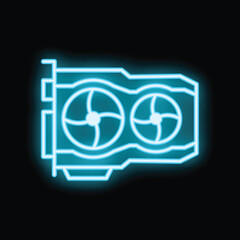 Blue glowing neon icon of a modern graphics processing unit with two cooling fans on a black background