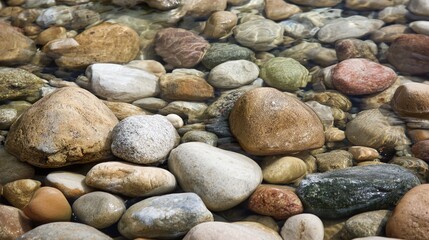 shallow. Smooth water-worn pebbles on a shallow stream bed with clear water flowing over them. travel magazines, destination branding, designed for travel destination branding.