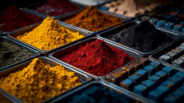 Vibrant Spice Powders in Metal Trays at Colorful Market Display