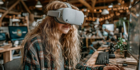 Creative Woman Using Virtual Reality Headset in Modern Office