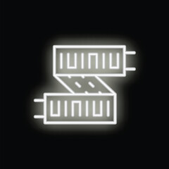 White neon sign icon of retractable utility knife glowing on black background