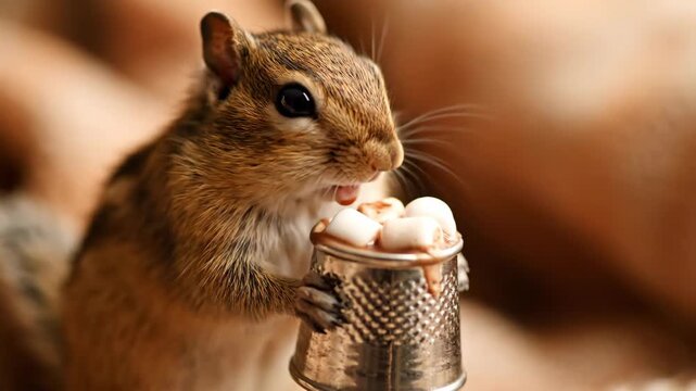 Chipmunk Enjoys Hot Chocolate and Marshmallows in a Thimble, Sweet Treat for a Rodent