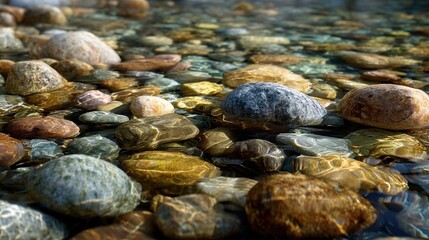 Obraz premium shallow. Smooth water-worn pebbles on a shallow stream bed with clear water flowing over them. travel magazines, destination branding, designed for travel destination branding.