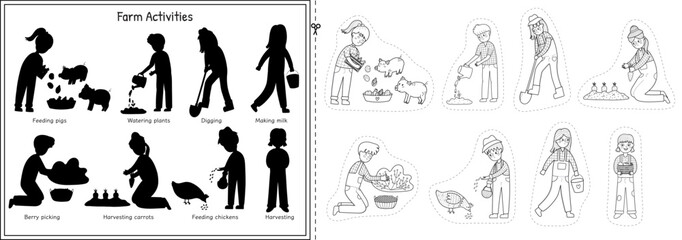 Black and white cut and glue game with cute kids making different farm activities. Matching educational activity page for kids in outline. Vector illustration