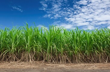 Obraz premium Lush green sugarcane plants growing in a field under a bright blue sky with clouds