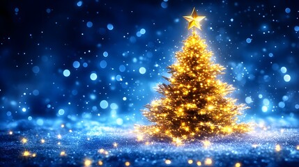 Brightly lit Christmas tree shines under a starry sky at night, creating a festive atmosphere for the holiday season