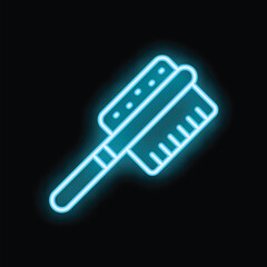 Neon cleaning brush icon glowing blue against a black background