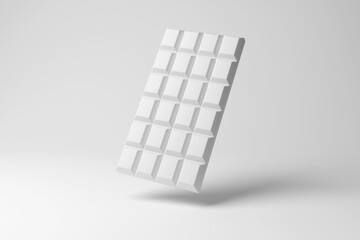 A white chocolate bar floating in mid air on a white background in monochrome and minimalist style. Illustration of the concept of sweets, confections and obesity