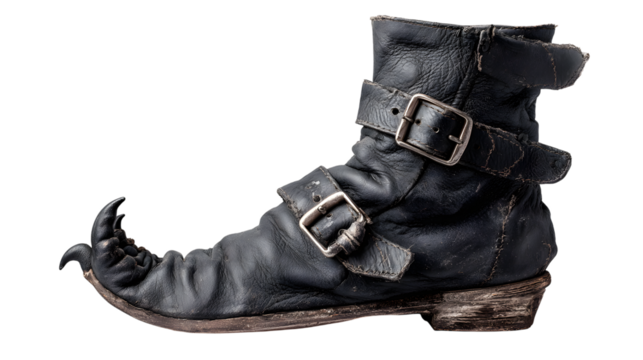 Old pointed leather boot, isolated on white background