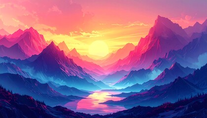 Vibrant sunset over colorful mountains and lake