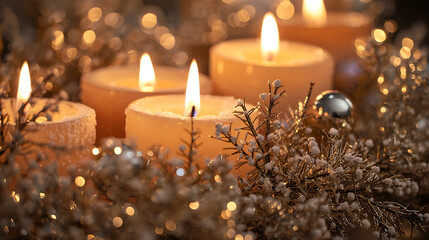 Candles with Frosted Foliage and Silver Ornaments