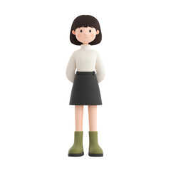 A simple 3D cartoon character of a young woman wearing a thick white turtleneck sweater and a black A-line mini skirt with boots, isolated on white background