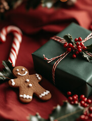 Vibrant Christmas scene with gingerbread man, candy cane, holly, berries, and green gift box on a red background. Festive flat lay with traditional holiday elements.