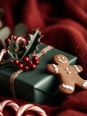 Vibrant Christmas scene with gingerbread man, candy cane, holly, berries, and green gift box on a red background. Festive flat lay with traditional holiday elements.