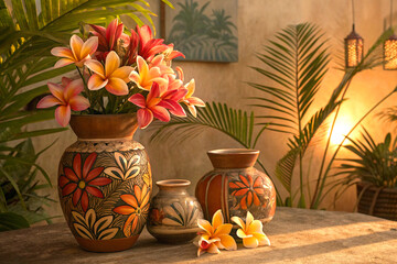 Ceramic vases with tropical flowers and palm leaves in warm dreamy atmosphere