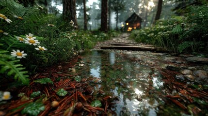 Peaceful forest stream leading to cozy cabin in morning light