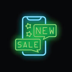 Glowing neon icon of a smartphone with new and sale notifications, perfect for marketing and e commerce themes