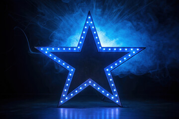 Fototapeta premium Blue illuminated star shape with lights smoke background